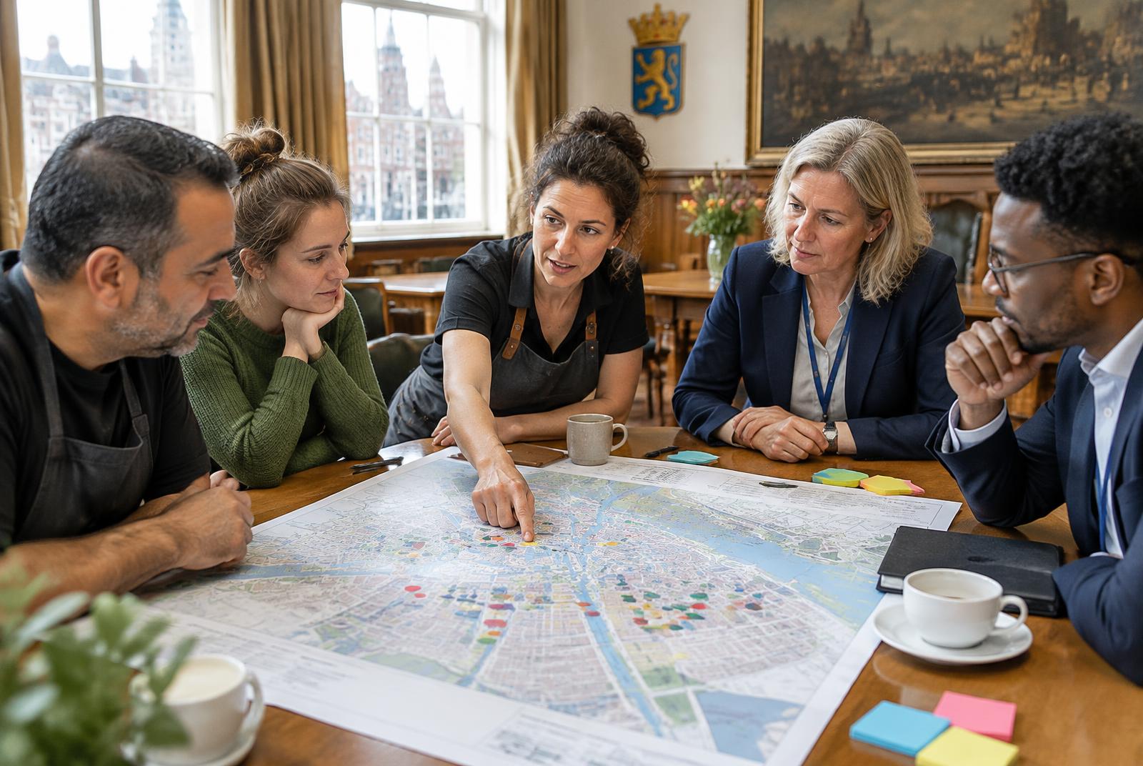 Ondernemers, bewoners en ambtenaren rond een kaart van de binnenstad